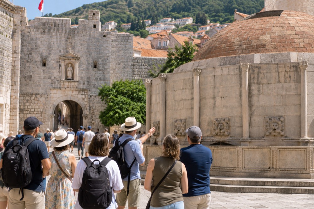 A licensed guide addressing a small group of visitors beside Onofrio's Fountain at Pile Gate