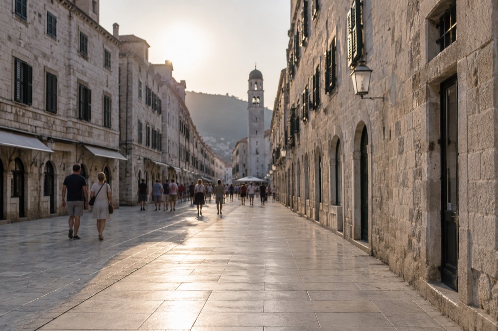 Smooth wide limestone pedestrian street in Dubrovnik Old Town lined with stone facades