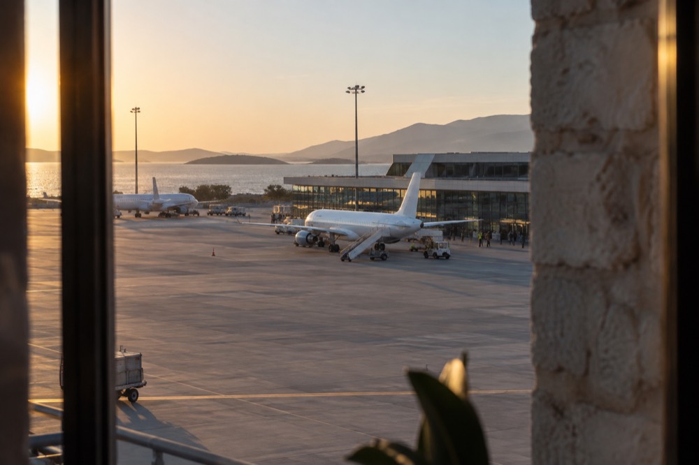 A small airport terminal building seen across a sunlit apron with parked aircraft