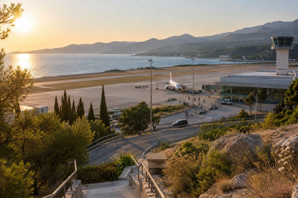 A road winding along a coastline with dry hills on one side and blue sea on the other