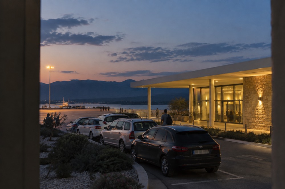 A row of cars parked outside a small airport terminal building in evening light