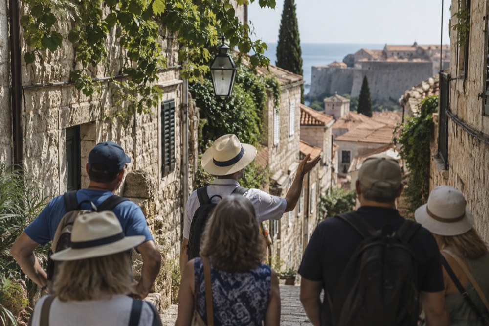 Tour guide speaking to a small group on a Dubrovnik side street