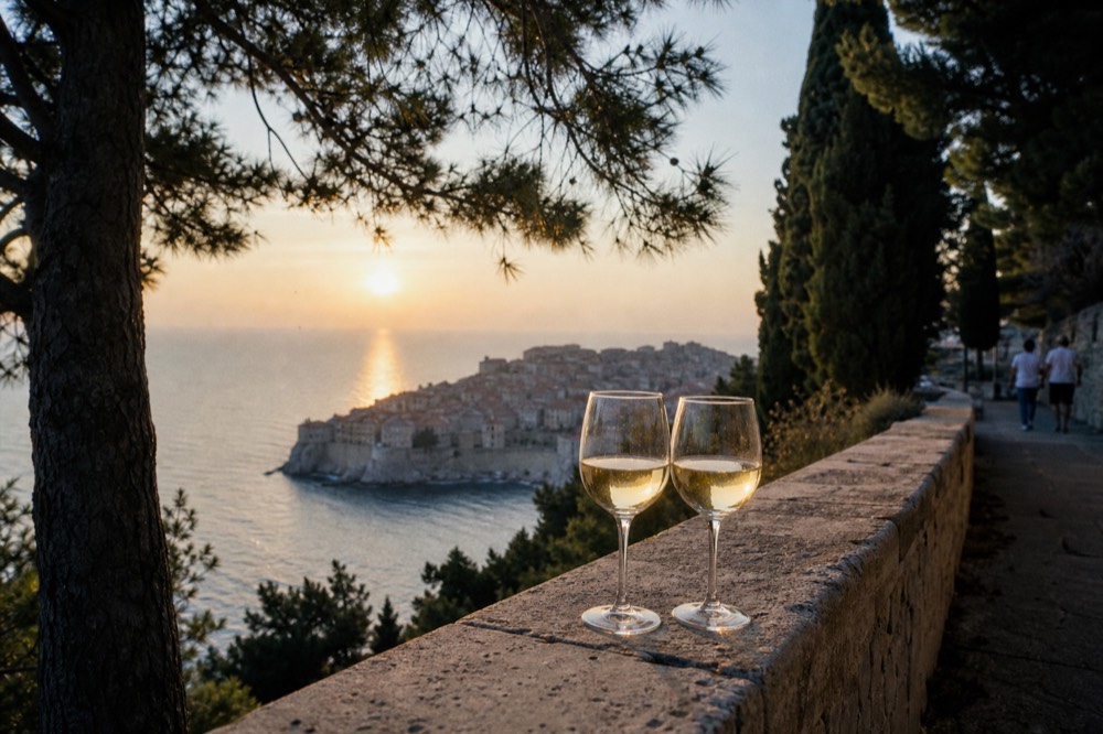 Two glasses of wine on a stone ledge with the sun setting over the Adriatic sea