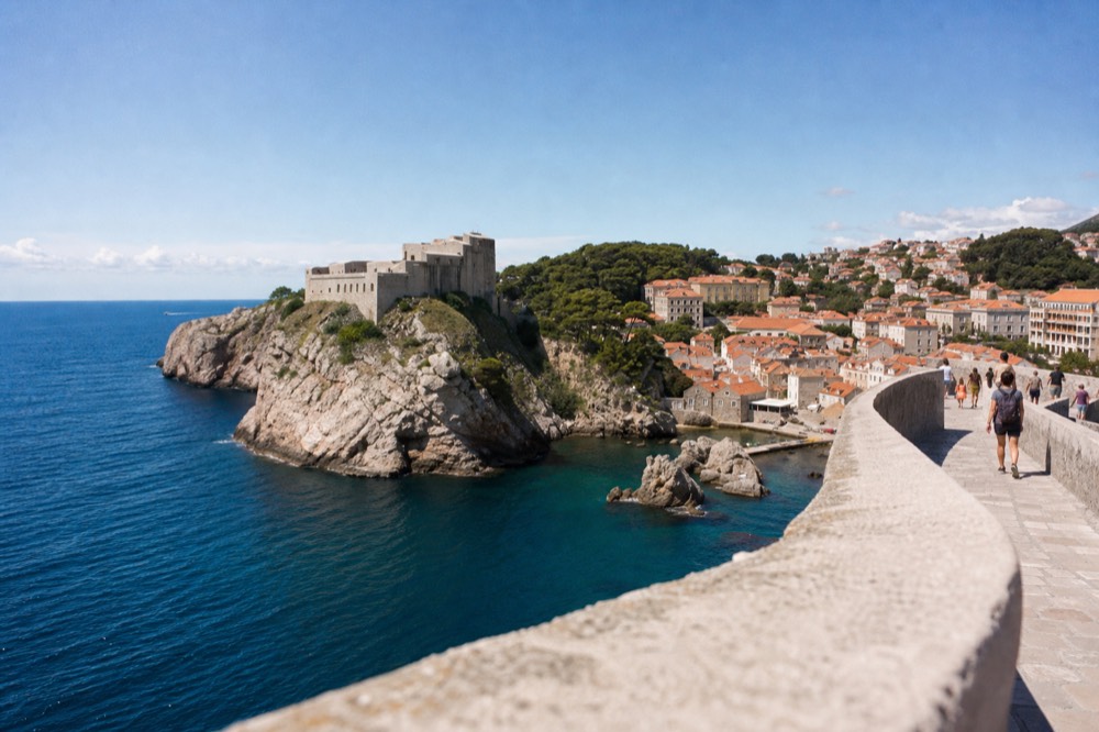 Stone walkway along the top of Dubrovnik city walls above red rooftops