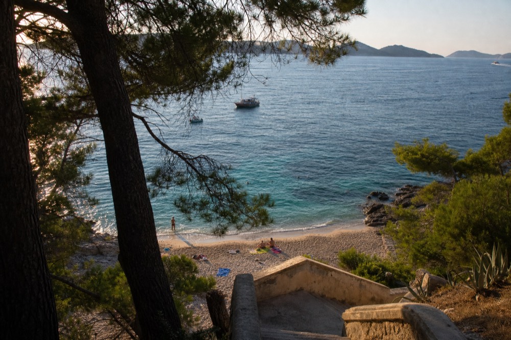 A sandy beach with shallow turquoise water and pine trees