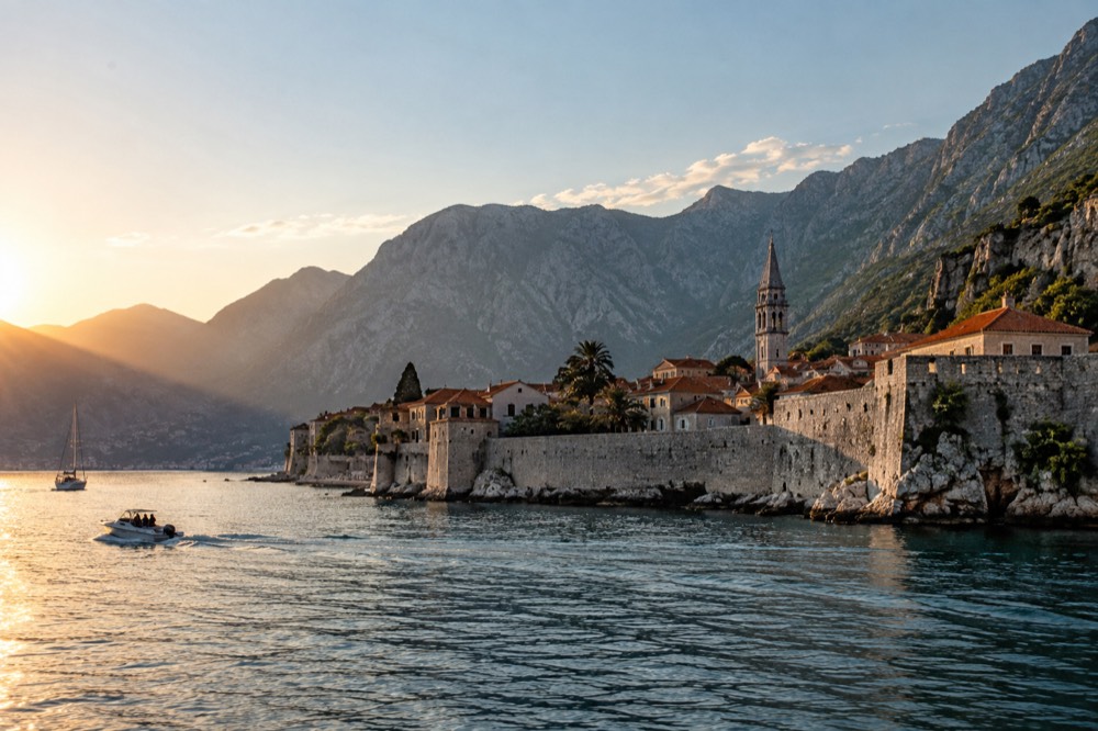 A walled town on the edge of a mountain-ringed bay