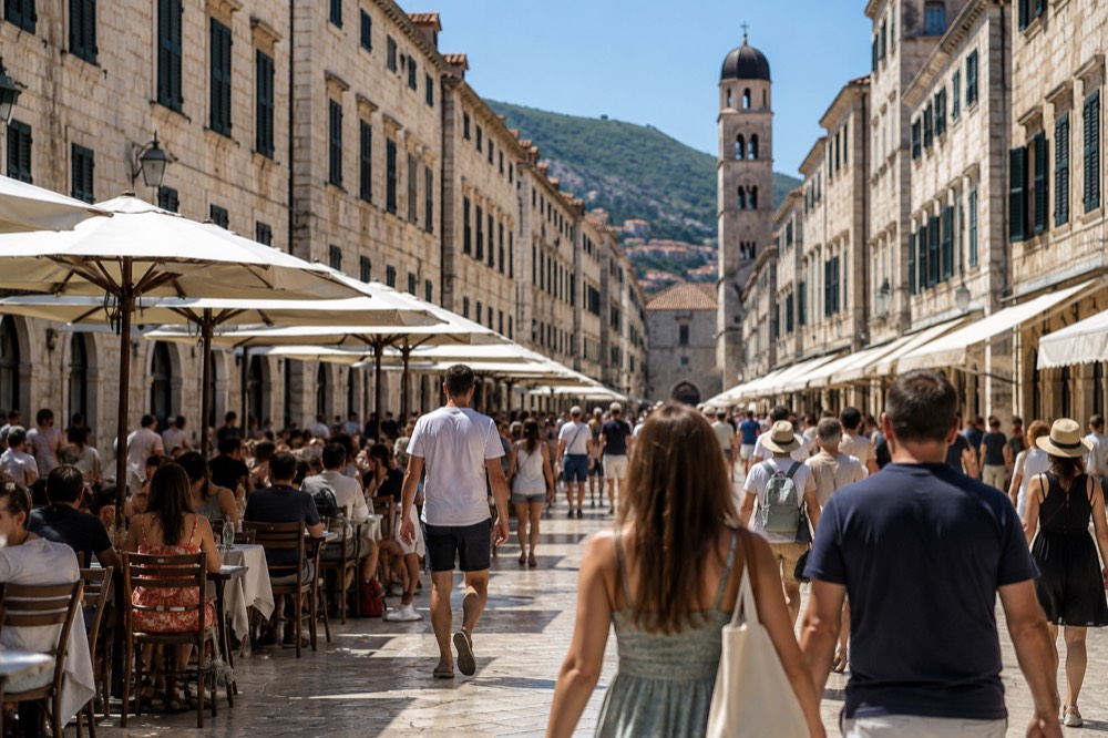 Busy Stradun street with restaurant tables and crowds in midday sun