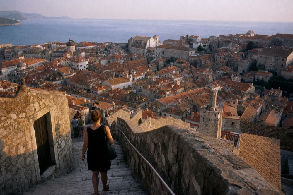 Panorama of Dubrovnik Old Town rooftops and the Adriatic seen from above