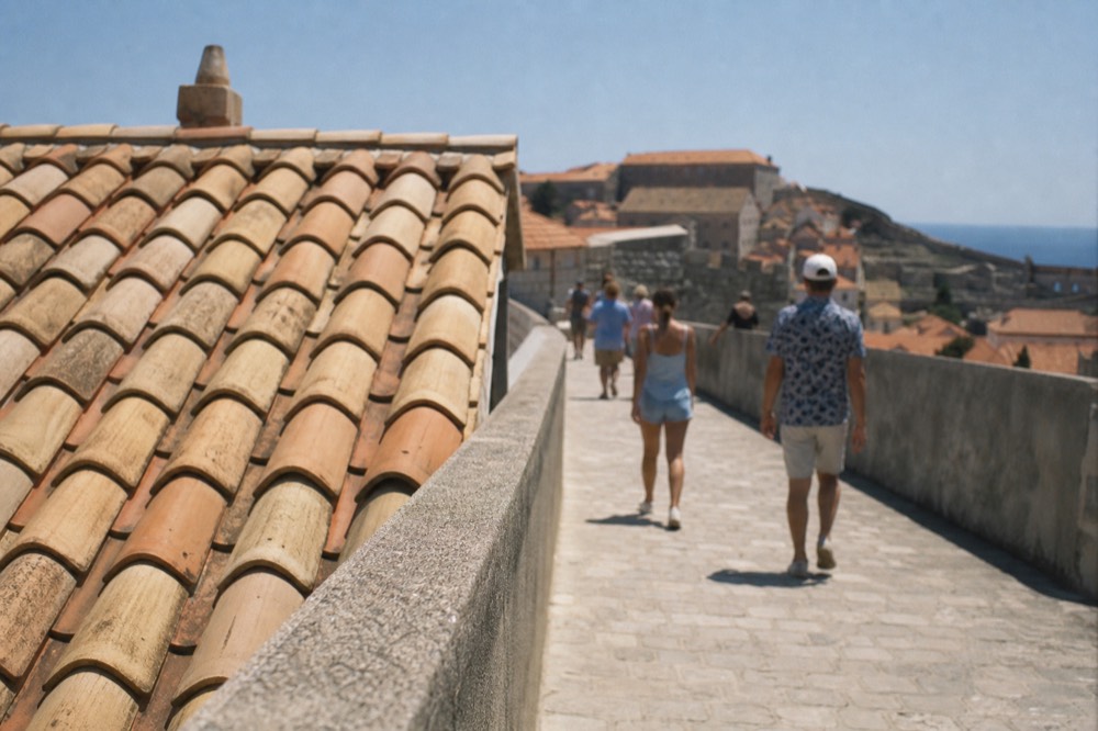 Walkers on the city walls passing close to terracotta rooftops inside Dubrovnik Old Town