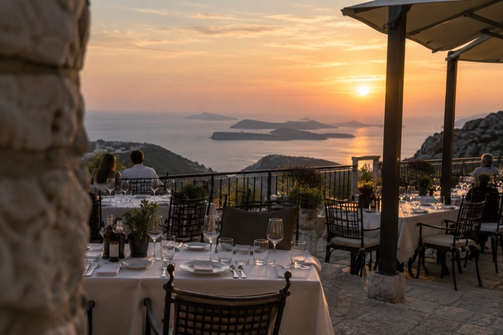 The outdoor terrace of the Panorama Restaurant on Mount Srd with tables set for dinner and a view of the sunset over the Elaphiti Islands