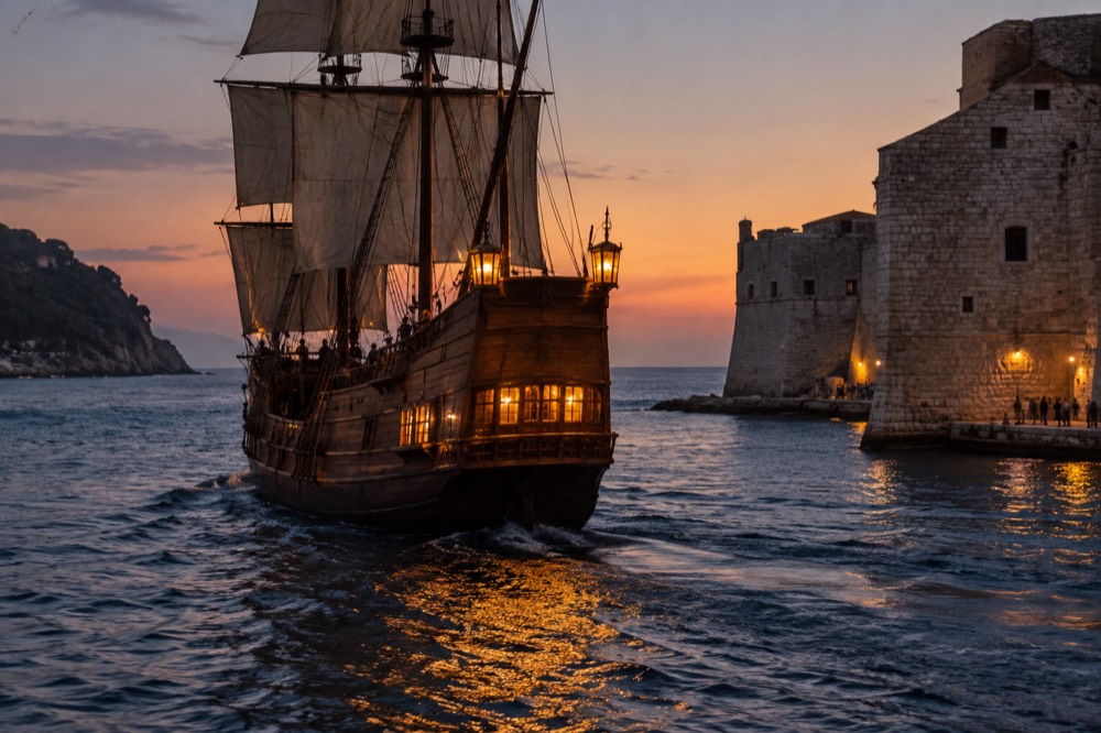 A wooden sailing ship with lit lanterns leaving a harbour at dusk