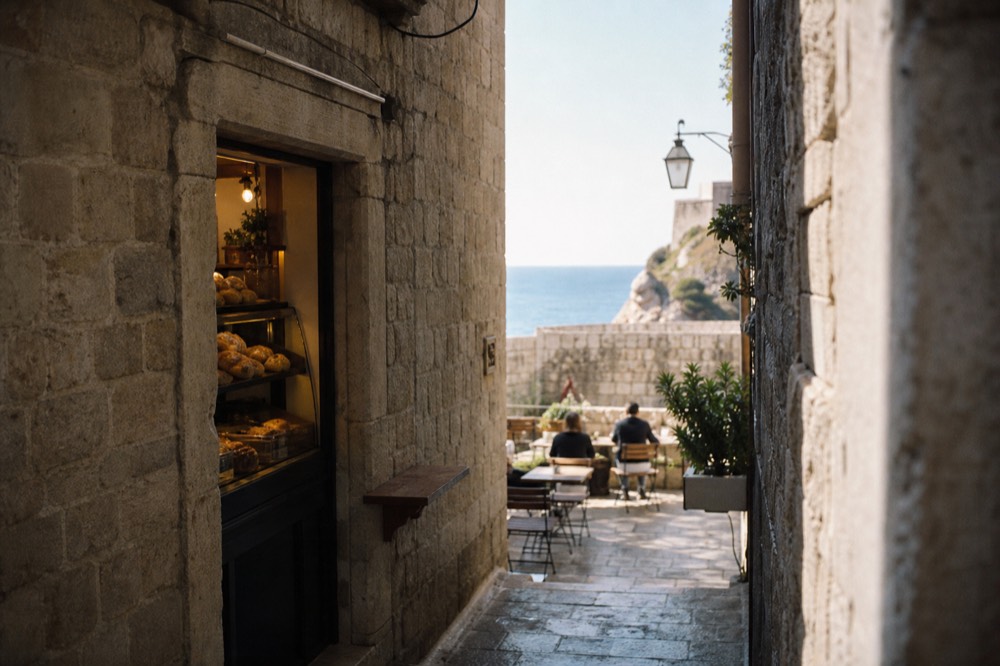 A stone alley in Dubrovnik Old Town with a small bakery window and outdoor tables