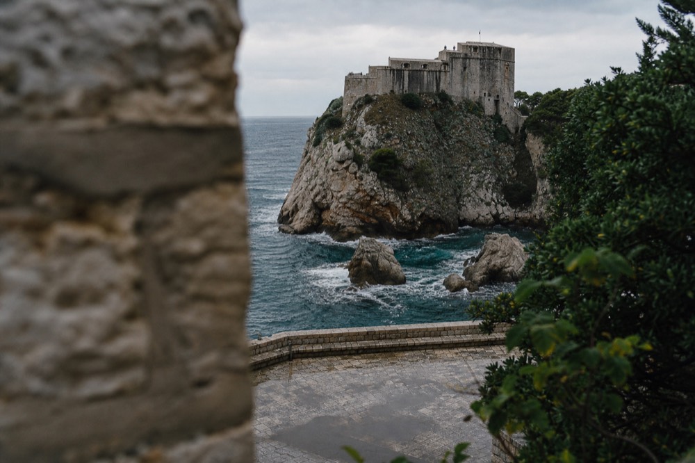 Fort Lovrijenac fortress standing on its rocky outcrop above the sea in winter light