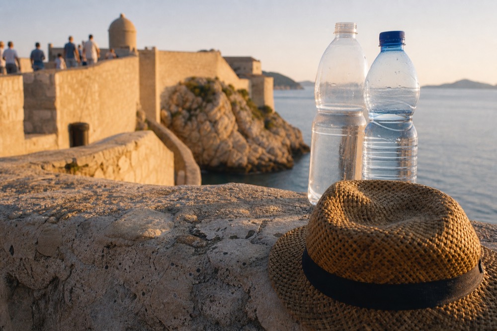 Water bottles and a hat resting on a warm stone parapet
