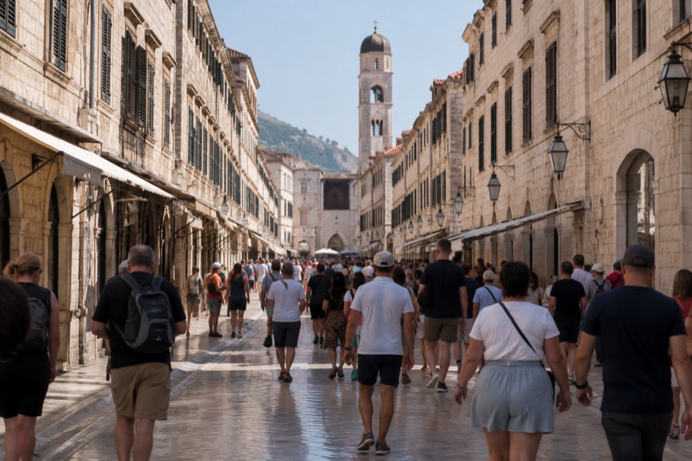 Crowded Stradun street with limestone pavement and baroque facades
