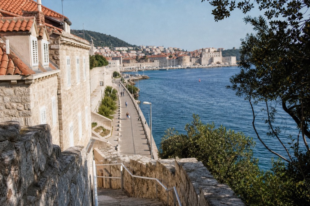 Walking path along the Gruž waterfront with the Old Town in the distance