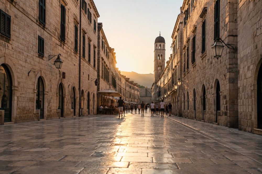 Stradun street inside the Old Town with stone pavement