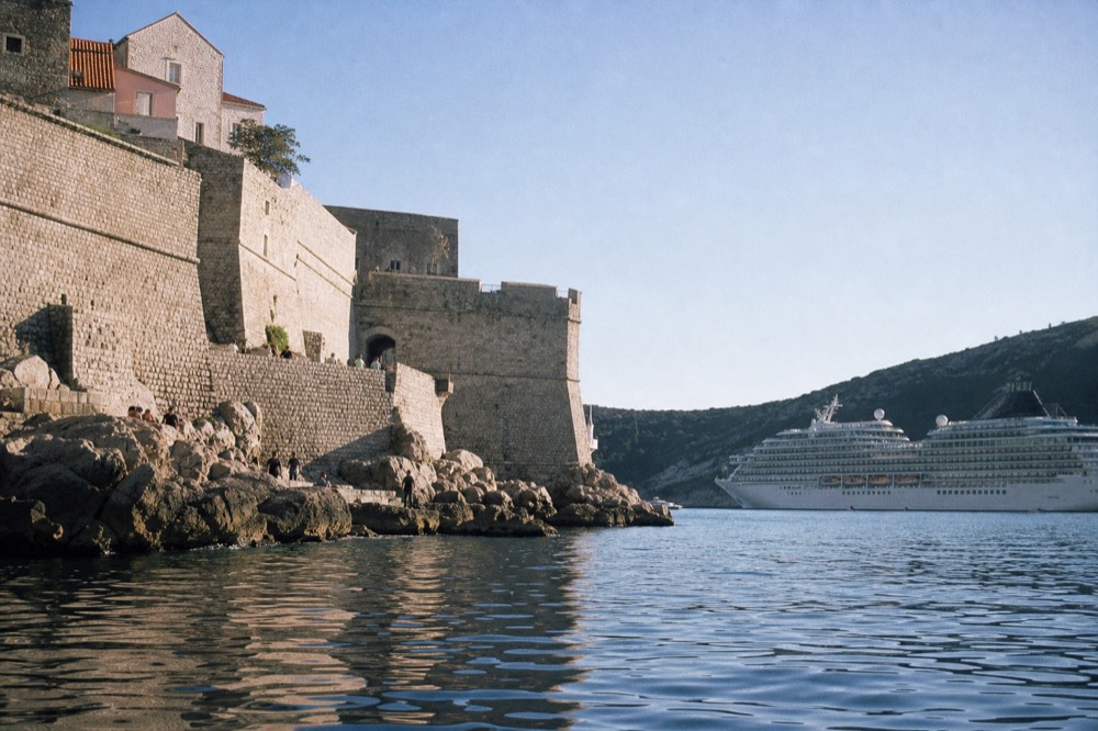 Cruise ship anchored off Dubrovnik Old Town in the afternoon