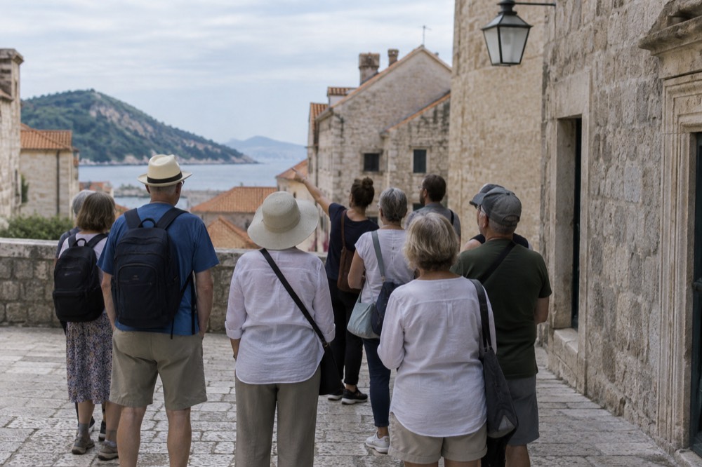 Tour group listening to a guide on a Dubrovnik street corner