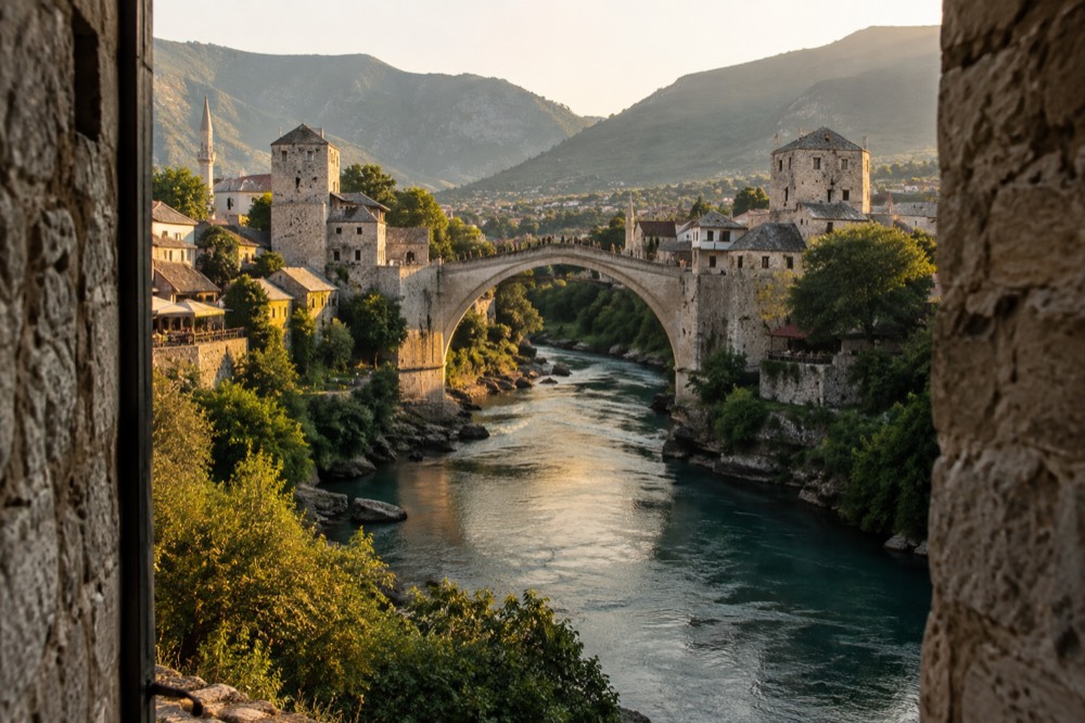 A stone bridge over a river with a green valley and old buildings on both banks