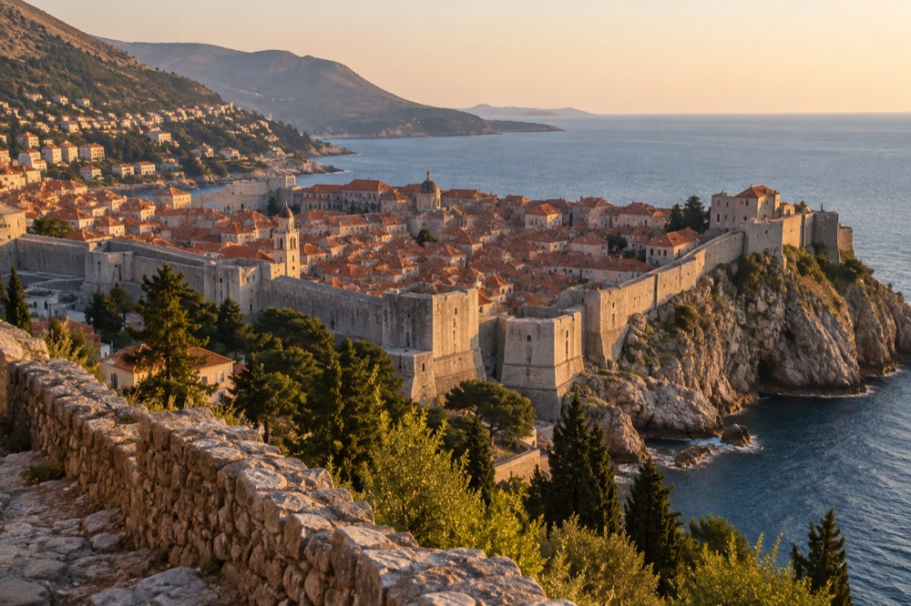 A stone-walled old town with terracotta rooftops seen from a hillside