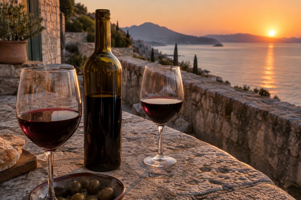 An open bottle of red wine and two glasses on a stone terrace at dusk