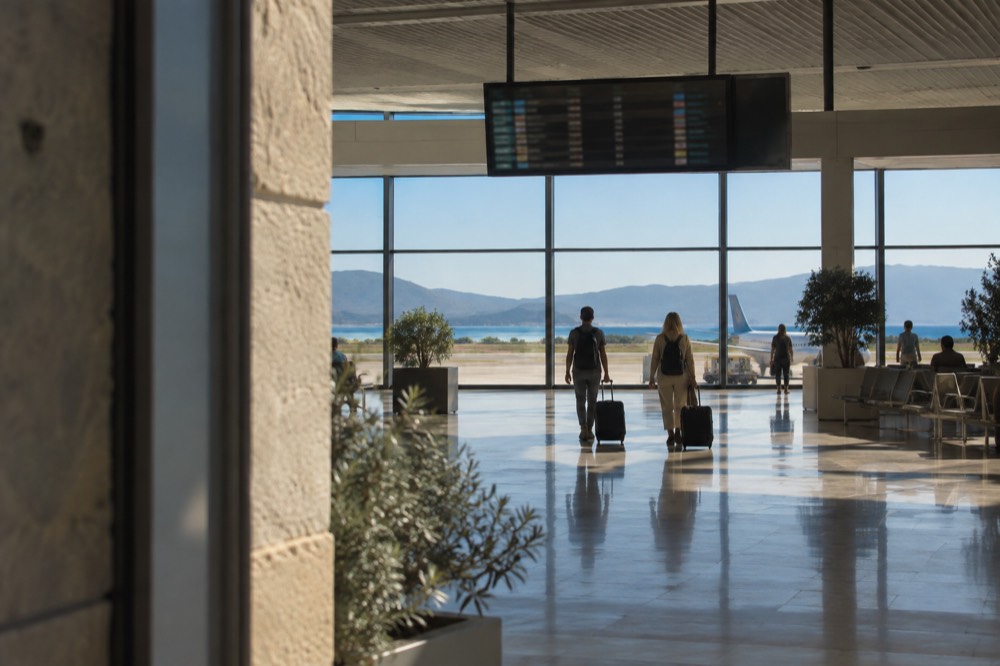 An airport departures board above a quiet terminal concourse