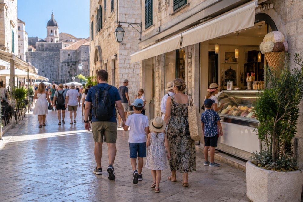 Children and parents walking a flat stone street beside ice cream shops in Dubrovnik