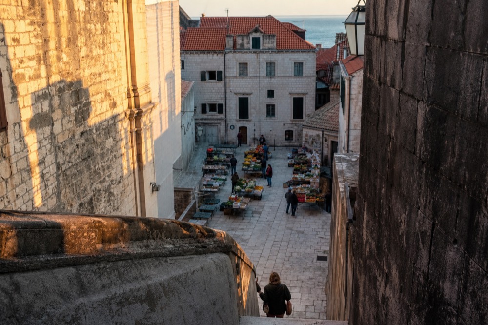 Morning market stalls on Gundulic Square in Dubrovnik Old Town