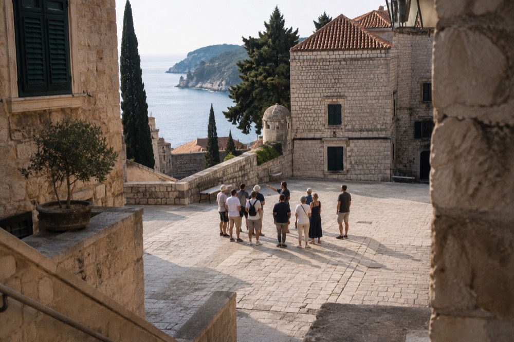 Guide speaking to a small group in a stone square in Dubrovnik Old Town