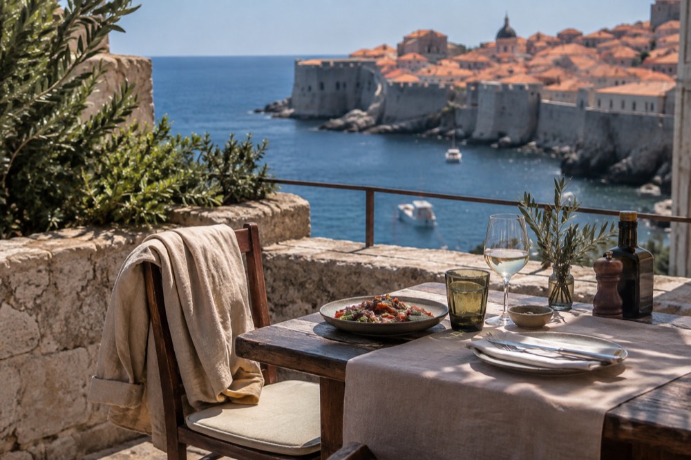 Autumn table setting on a Dubrovnik terrace with a light jacket over a chair