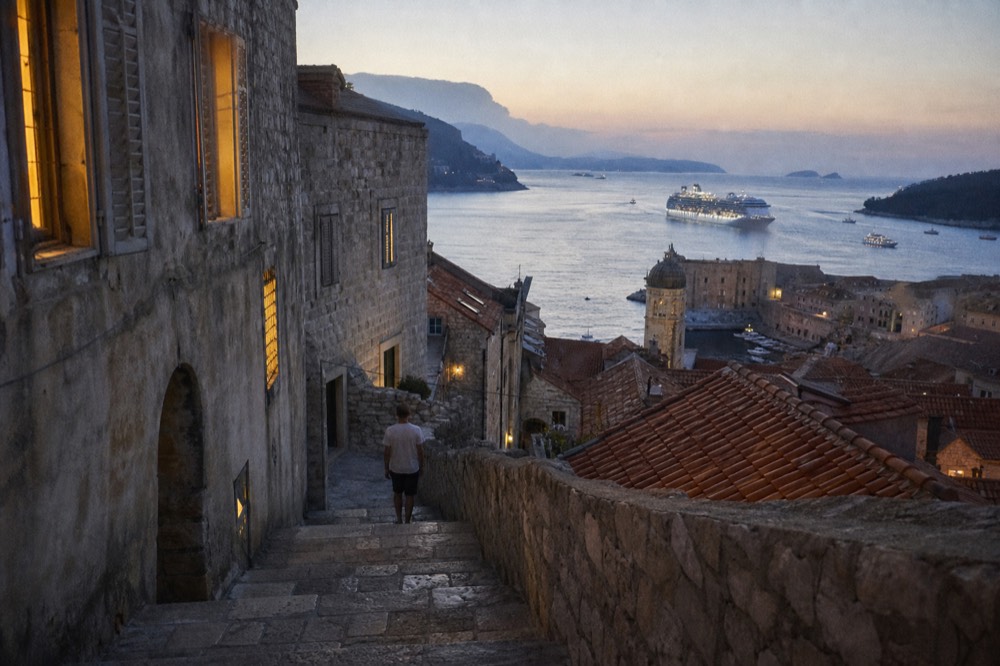 View from the Dubrovnik city walls over red rooftops toward the cruise port