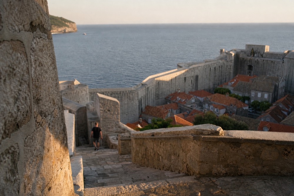 A stone fortress wall rising above red rooftops toward a blue sea