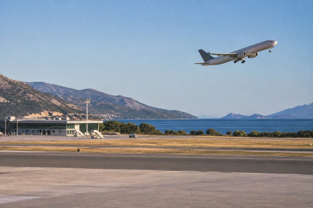 Plane climbing over a coastal airport with dry hills and the sea beyond