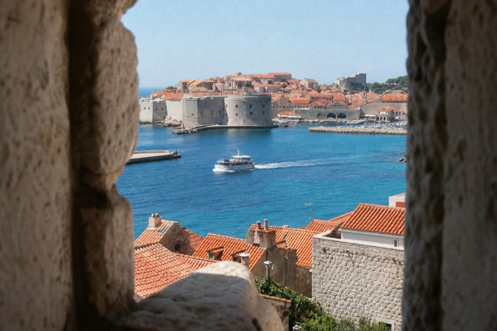 A white passenger boat leaving a small harbour toward a walled city across the bay