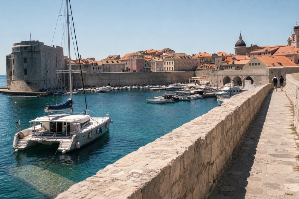 A catamaran and small boats moored in Dubrovnik Old City Harbour