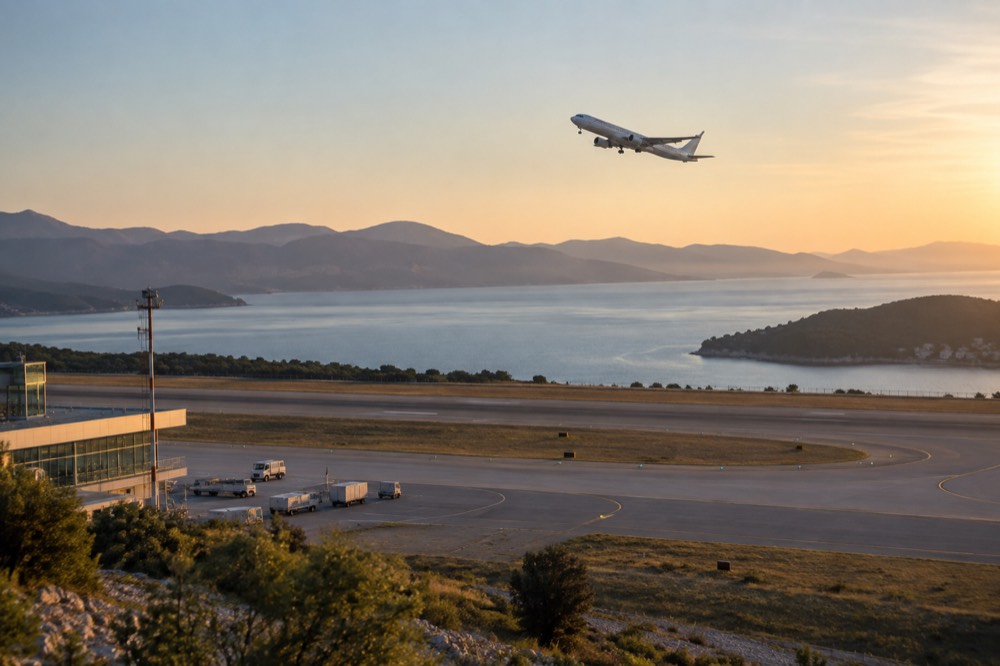 A passenger aircraft climbing over the Dalmatian coastline shortly after takeoff