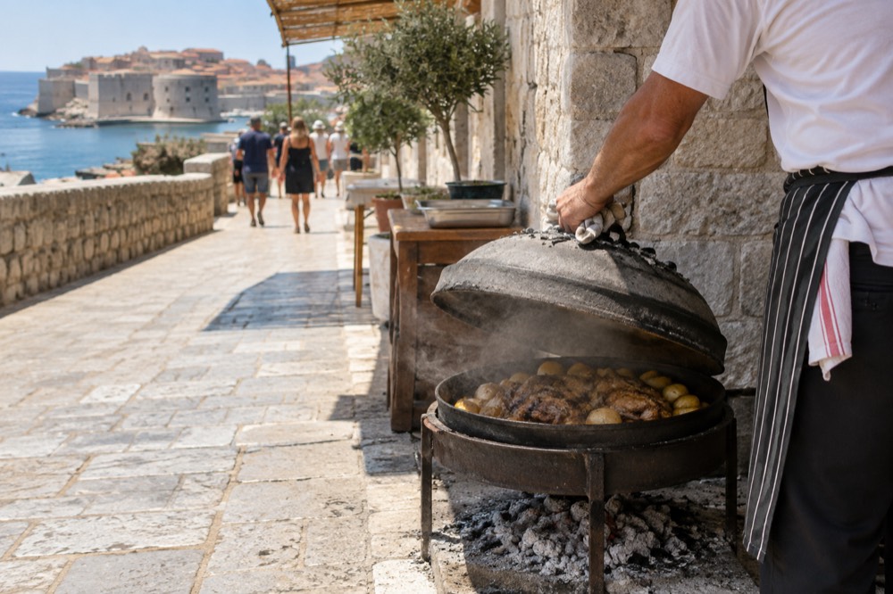 A cook lifting the iron lid off a peka pot to reveal meat and potatoes over embers