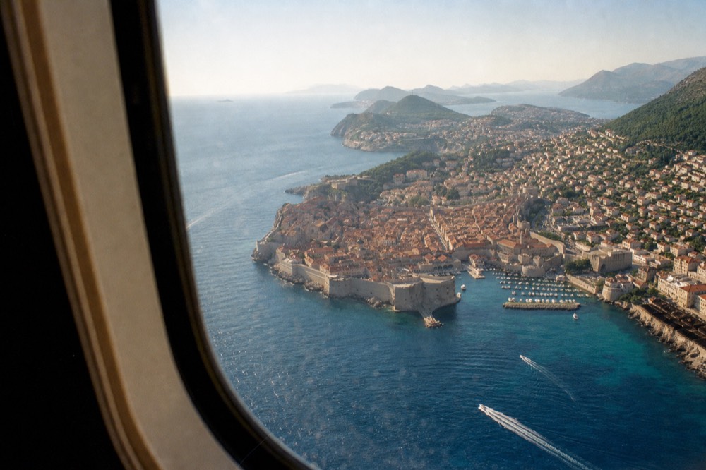 View from an aircraft window over a walled coastal city and blue sea
