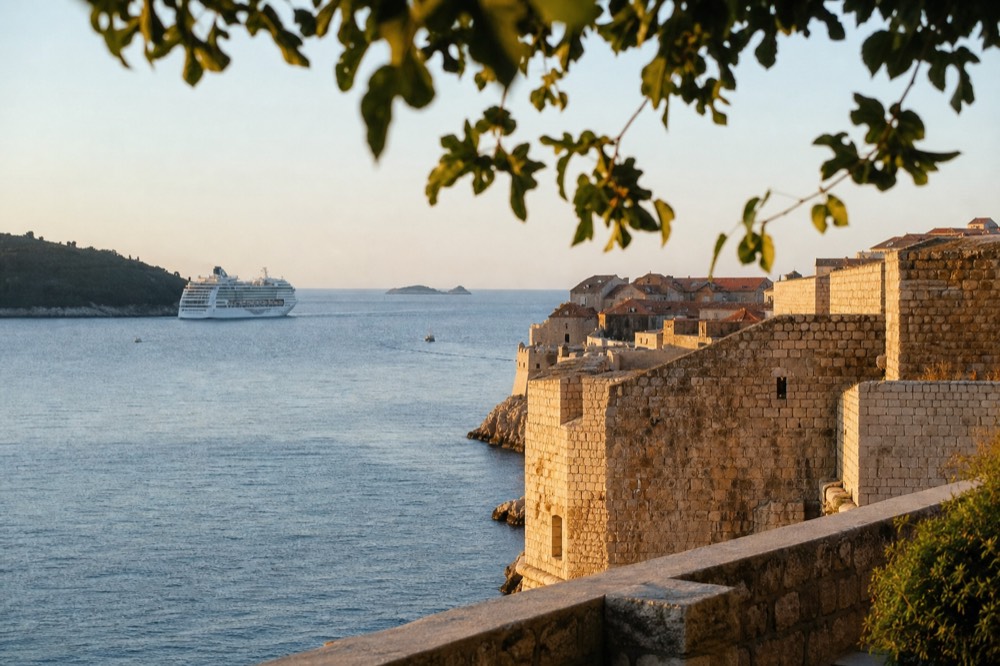 Cruise ship anchored outside Dubrovnik Old Town seen across the Adriatic water