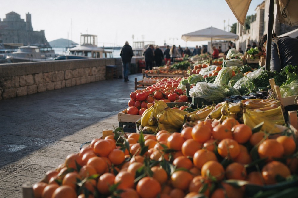 Colourful fruit and vegetable stalls at an outdoor market in Dubrovnik