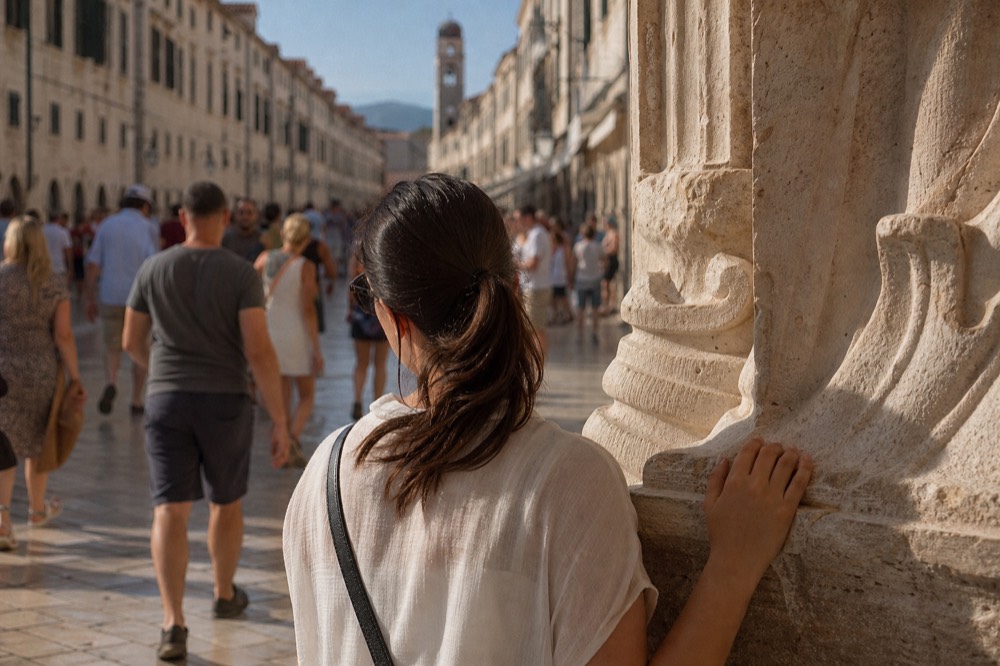 A crowded Stradun with visitors walking between baroque facades in midday sun