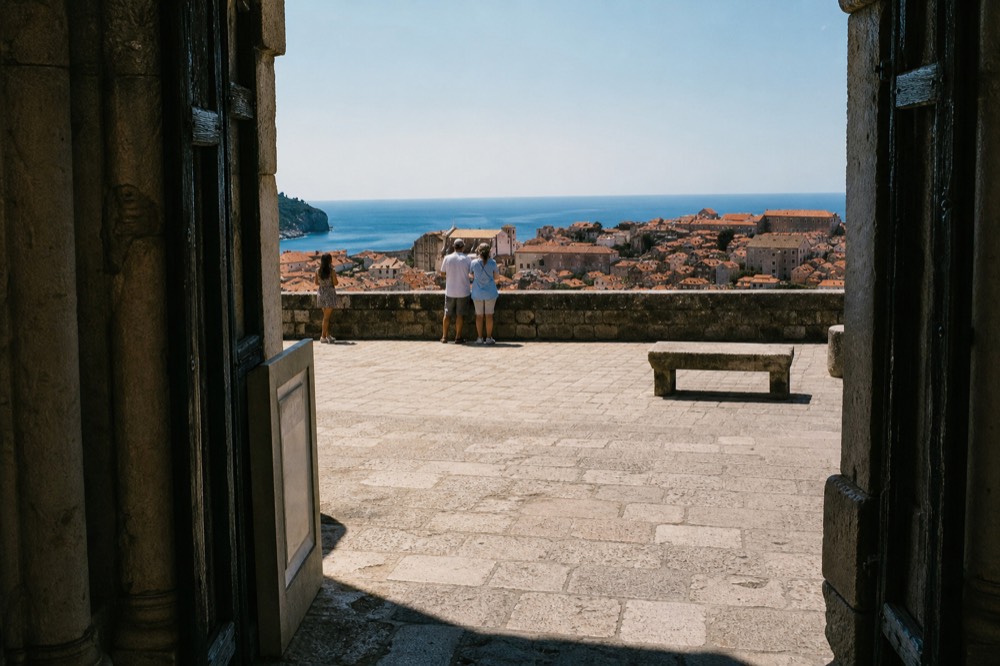 A view of Dubrovnik Old Town from the city walls with the sea in the background