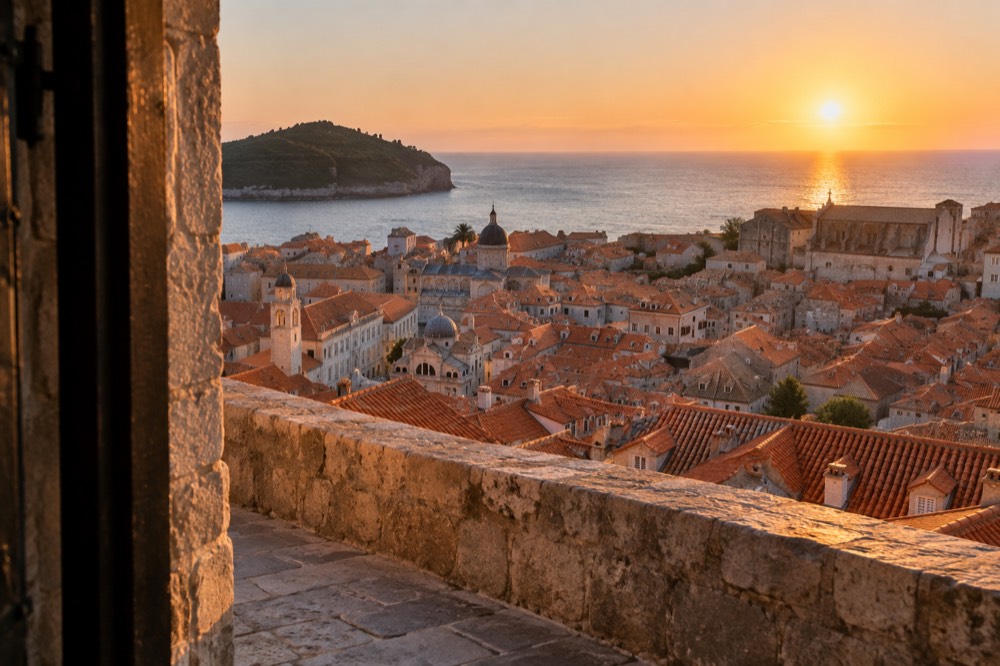 Sunset light on Dubrovnik Old Town rooftops seen from a high stone terrace