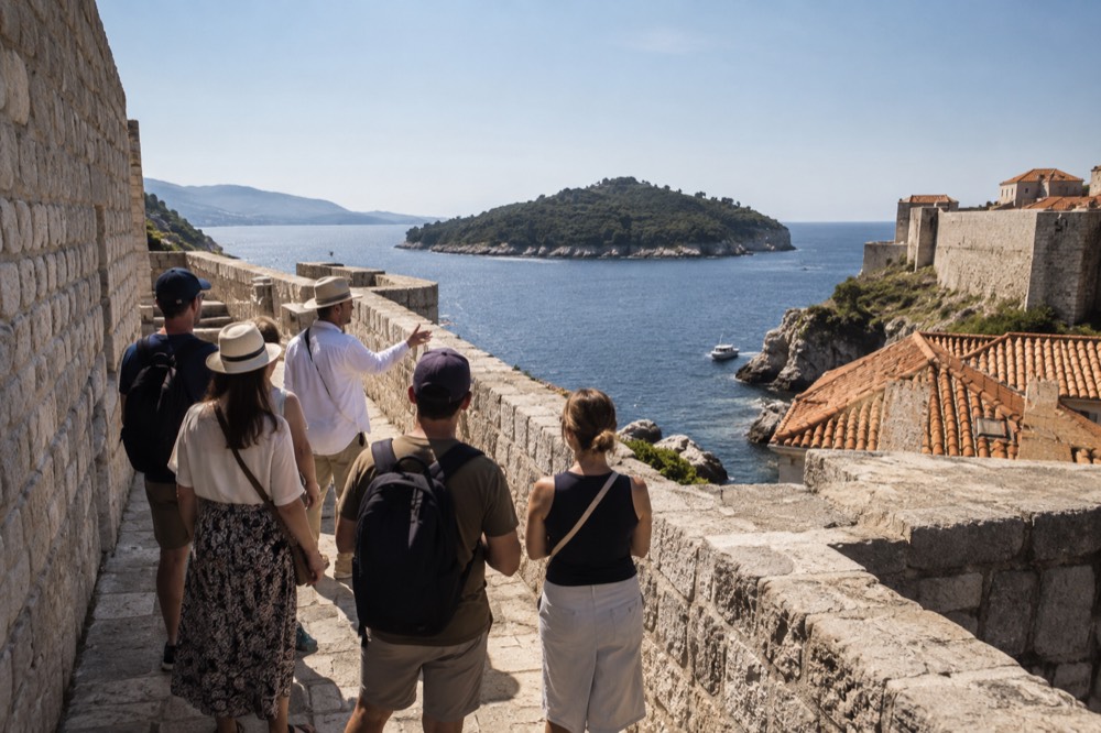 A guide speaking to a small group on a stone wall walkway above the sea