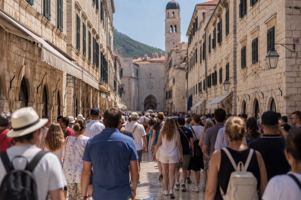 Crowded stone street in Dubrovnik Old Town filled with visitors in daylight