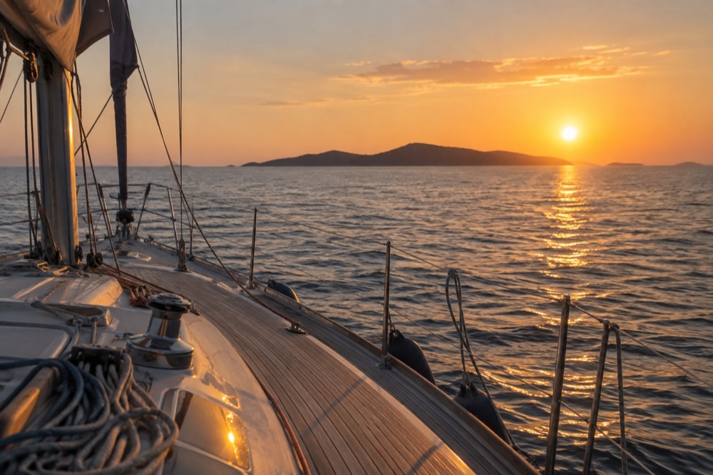 A boat deck in evening light with calm sea and a distant island silhouette on the horizon