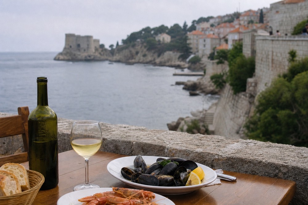 An outdoor restaurant table with local wine and seafood on a Dubrovnik terrace