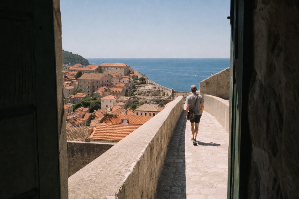 A walker on the Dubrovnik city walls looking down on red rooftops and the Adriatic