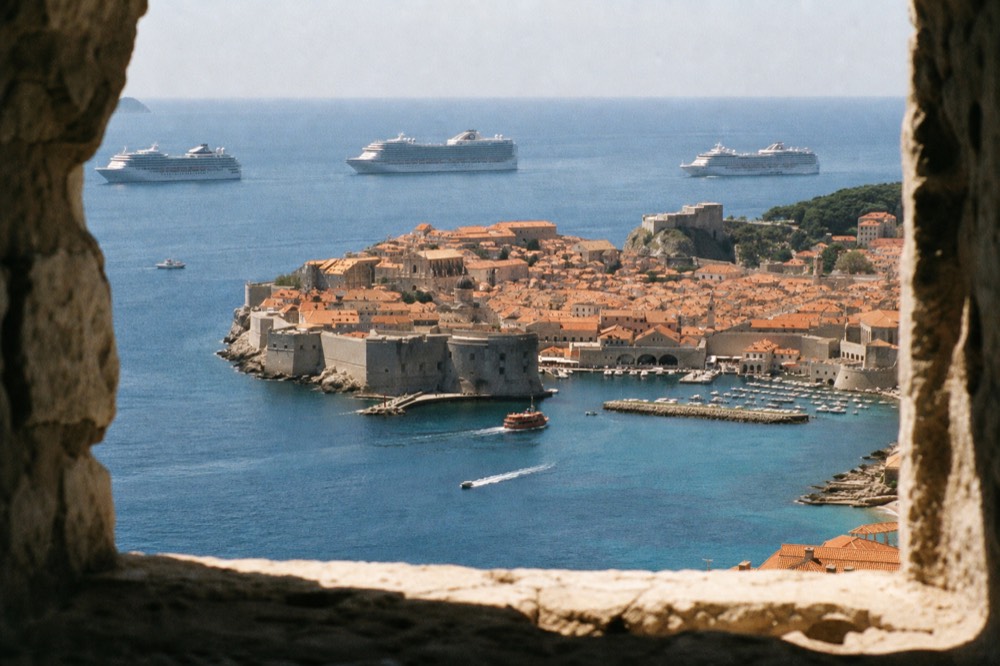 A walled old town seen from the sea with several large cruise ships anchored offshore